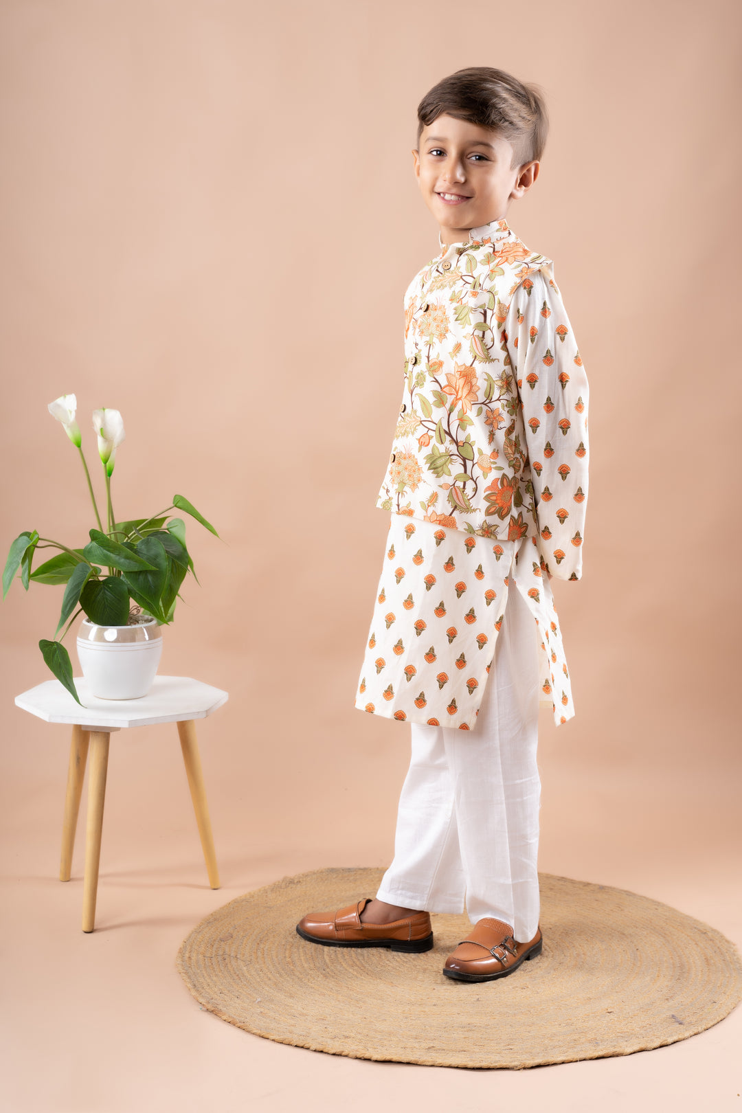 Off-White Floral Printed Jacket with Kurta Set