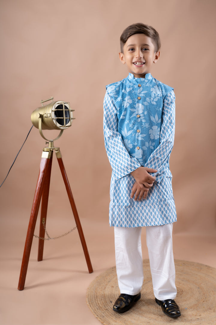 Blue Floral Bandi with Kurta Set