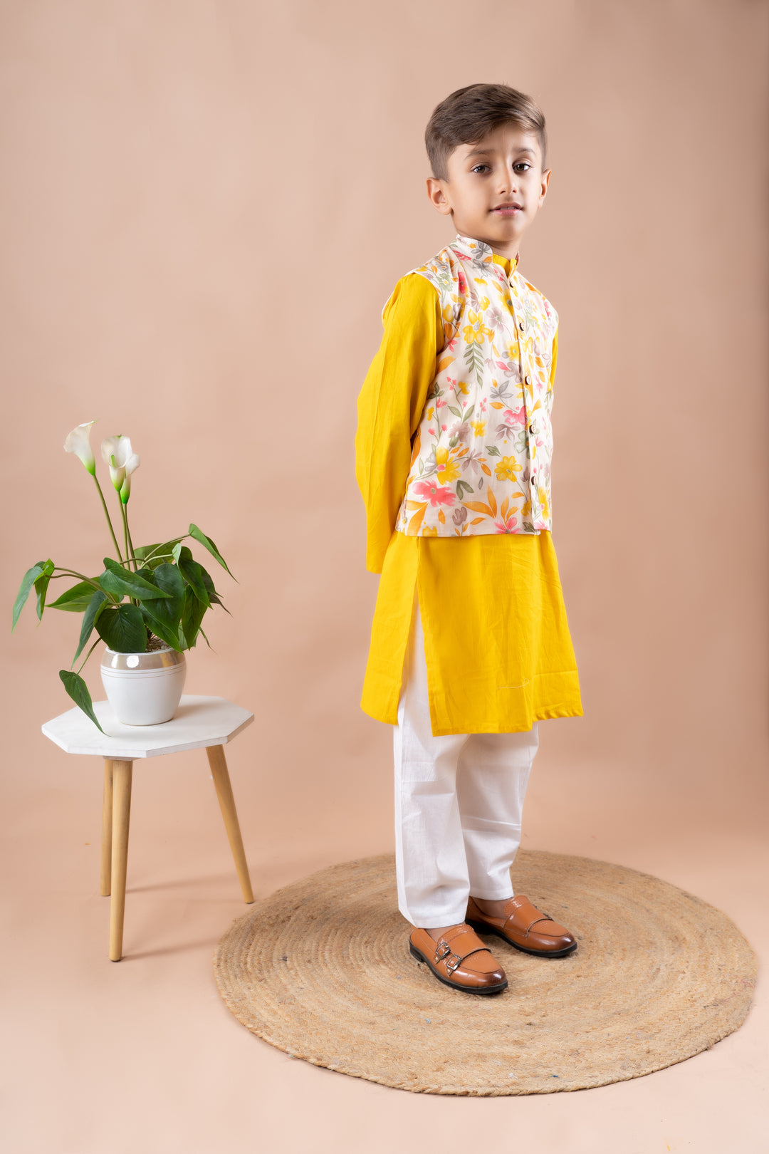 Floral Bandi with Mustard Yellow Kurta Set