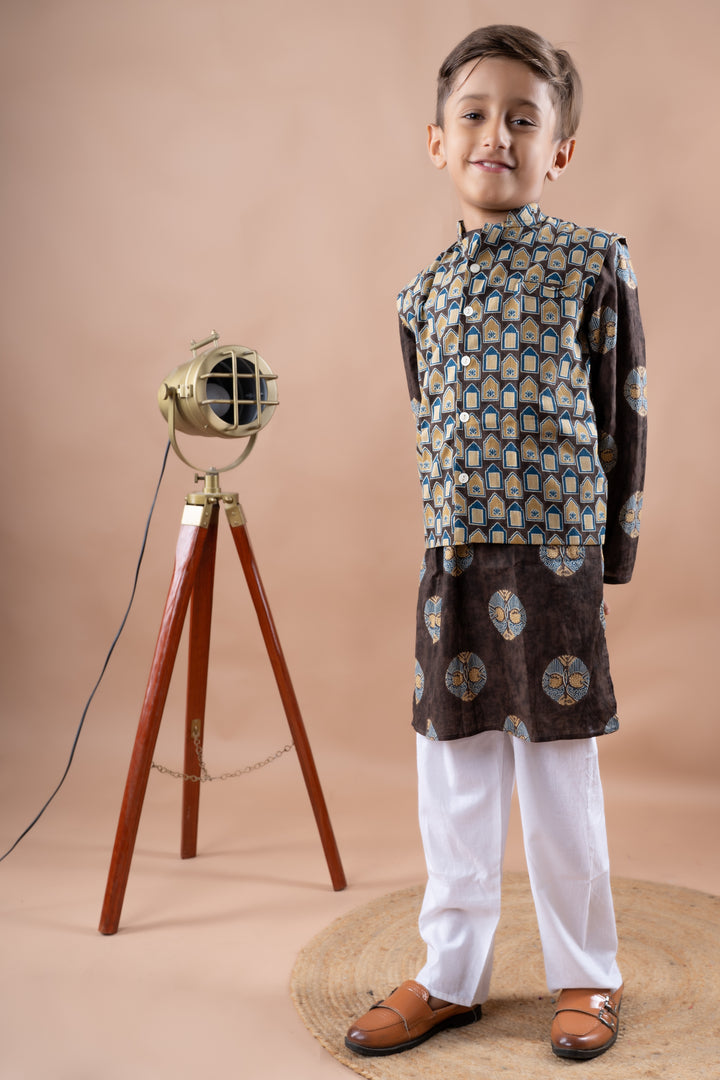Brown Ajrakh Bundi and Kurta Set
