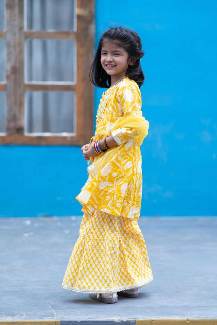 Yellow Botanical Print Kurta Set