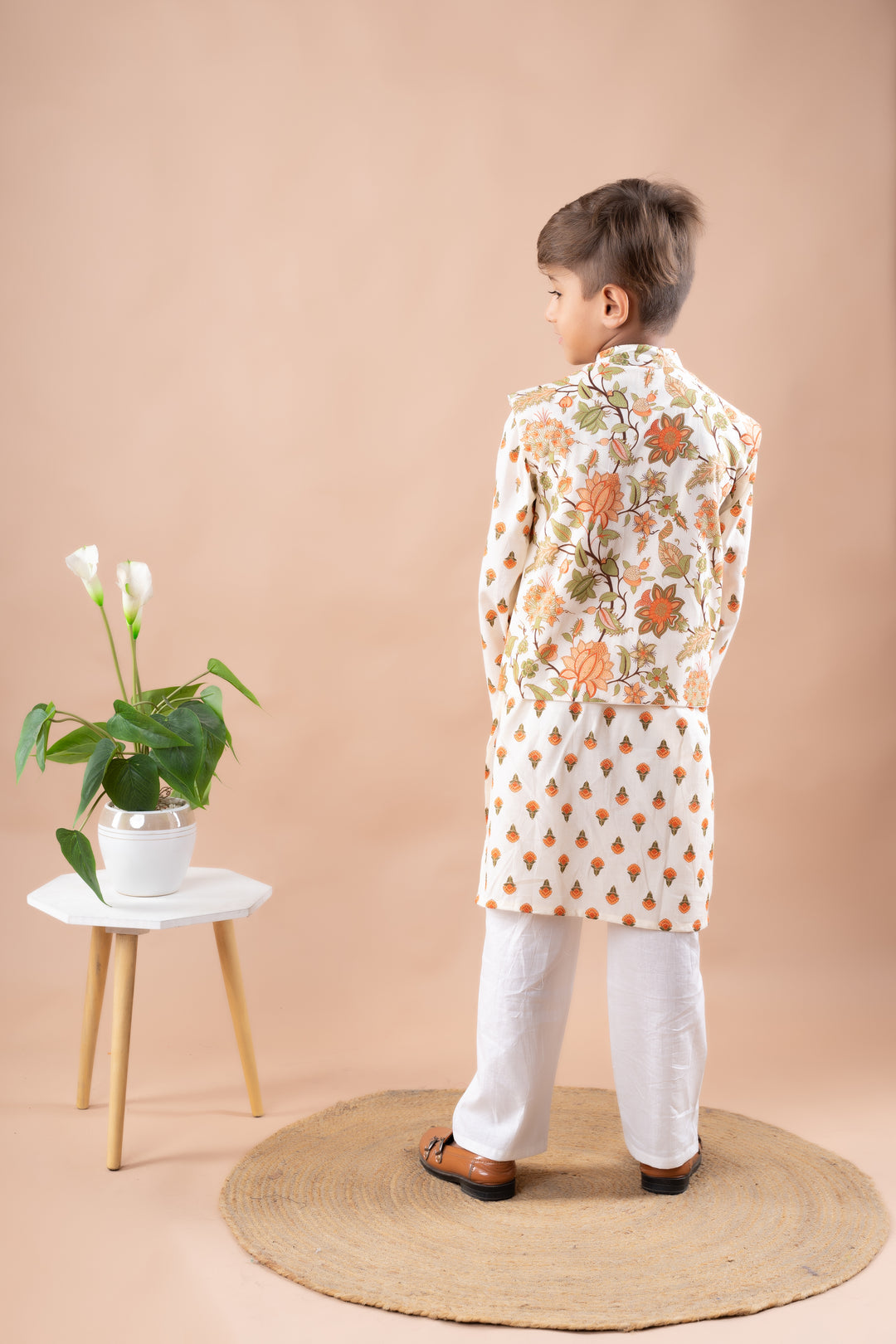 Off-White Floral Printed Jacket with Kurta Set