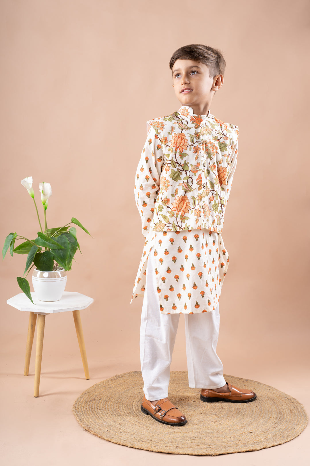 Off-White Floral Printed Jacket with Kurta Set