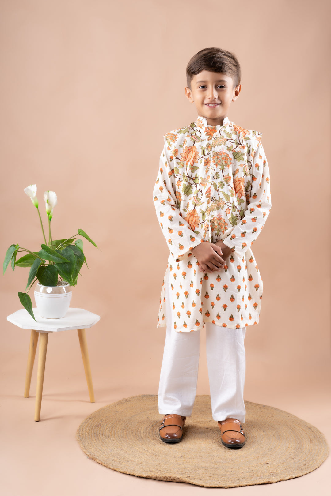 Off-White Floral Printed Jacket with Kurta Set