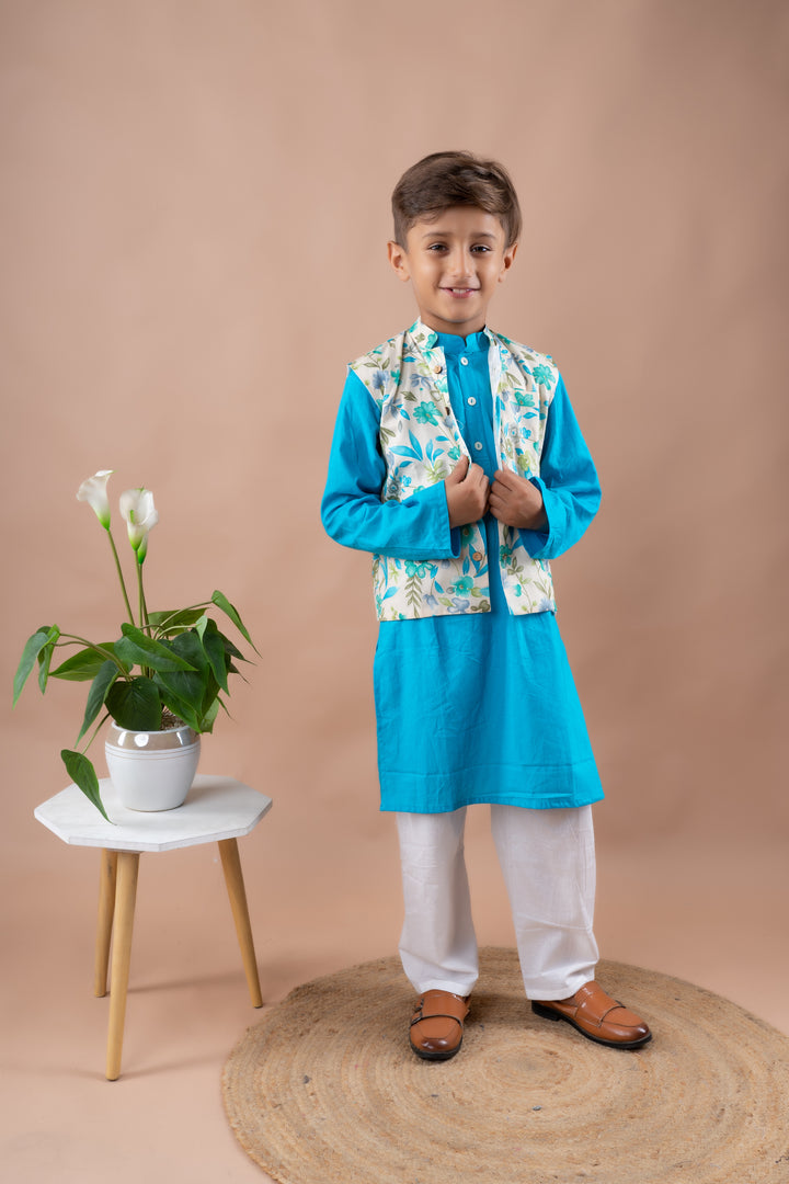 Floral Bandi with Blue Kurta Set