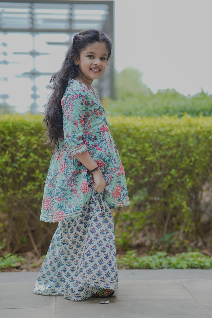 Sea Green Floral Angrakha Set