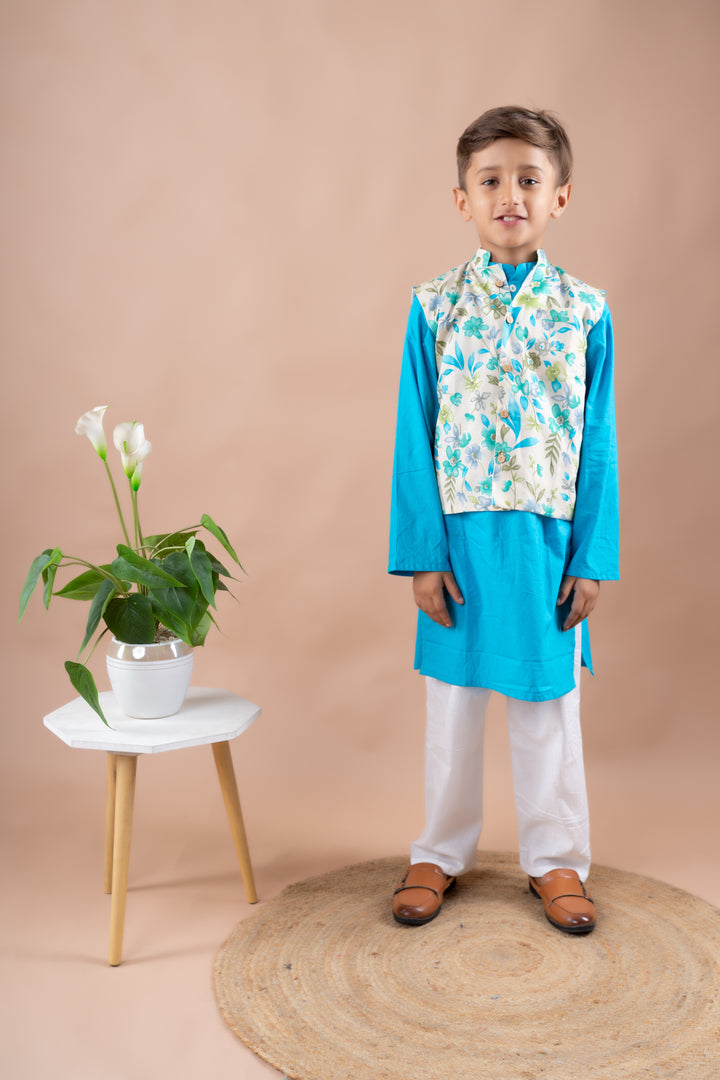 Floral Bandi with Blue Kurta Set