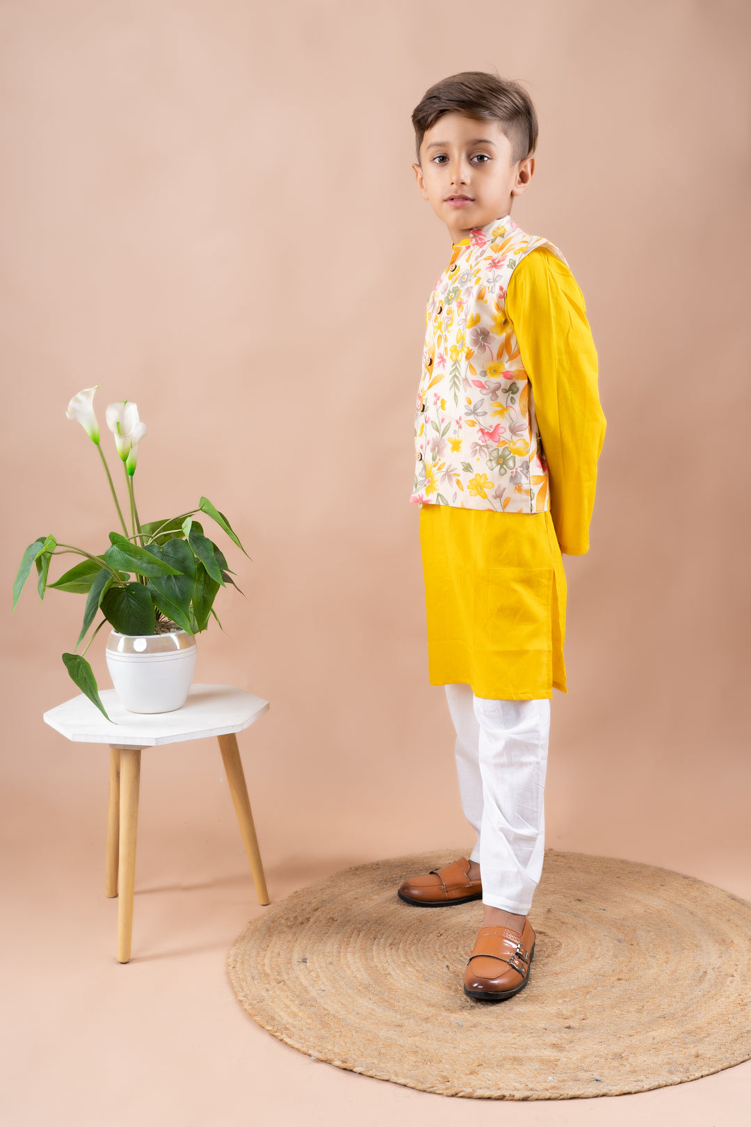 Floral Bandi with Mustard Yellow Kurta Set