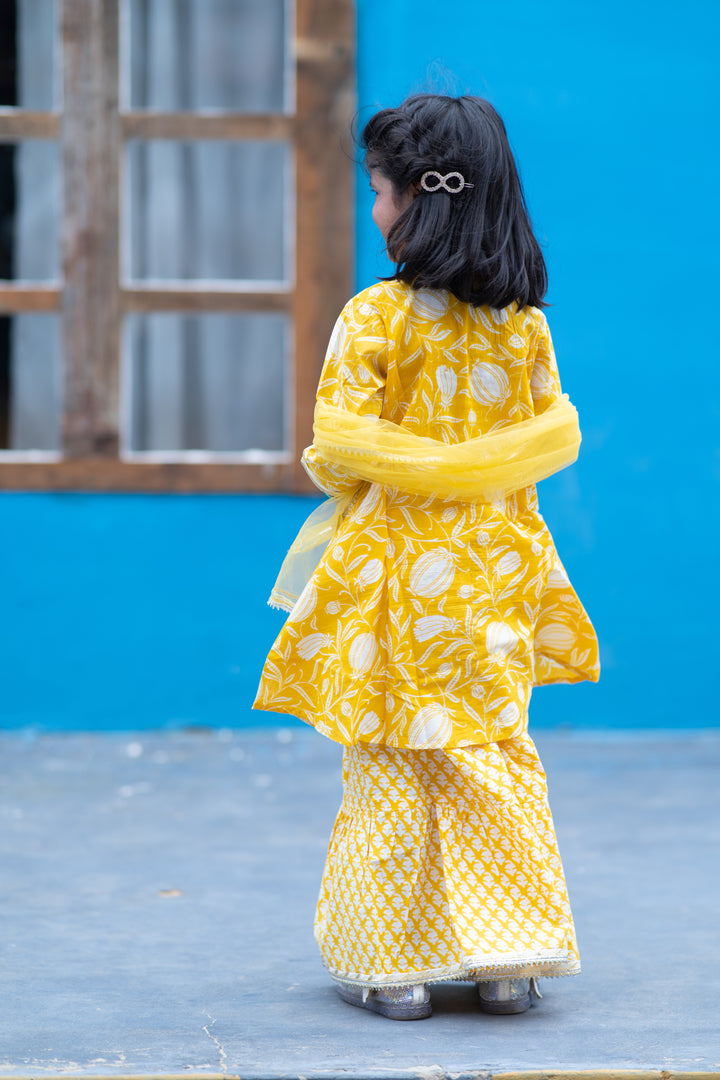 Yellow Botanical Print Kurta Set
