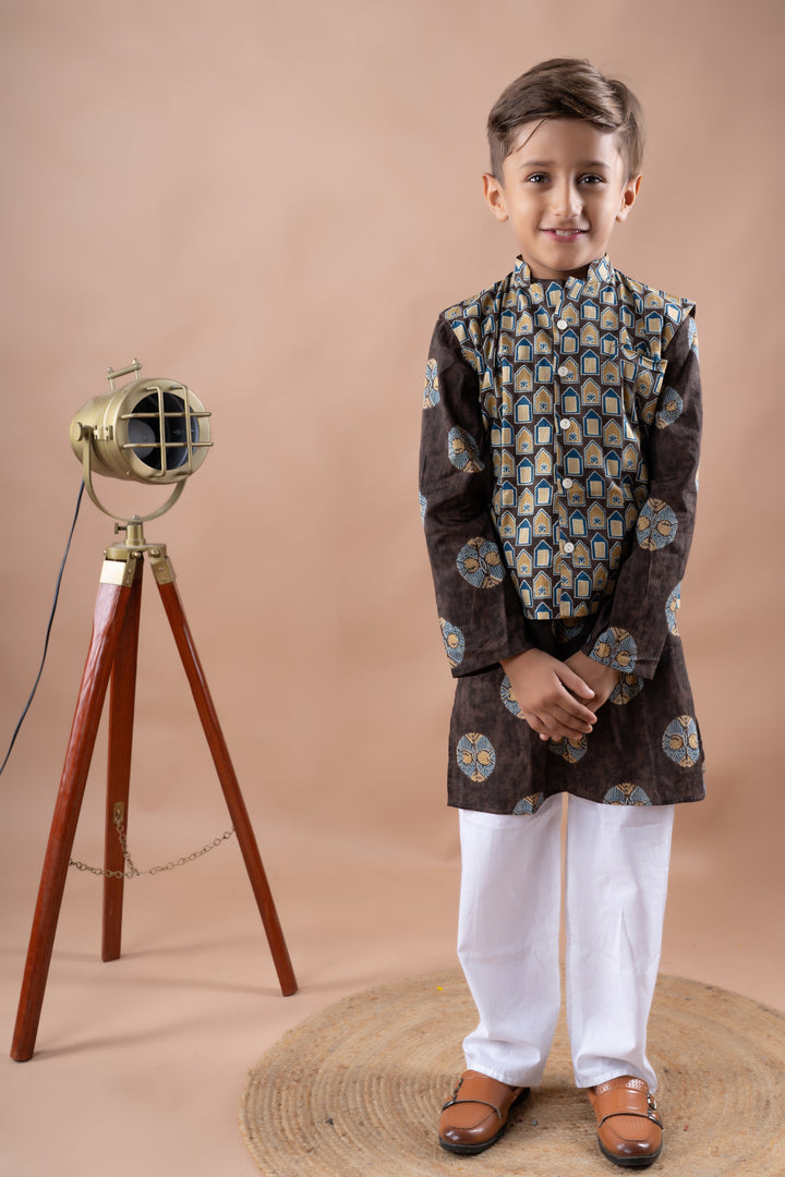 Brown Ajrakh Bundi and Kurta Set
