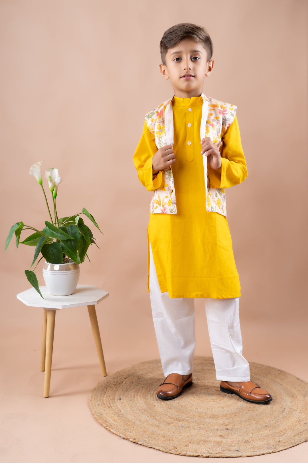 Floral Bandi with Mustard Yellow Kurta Set