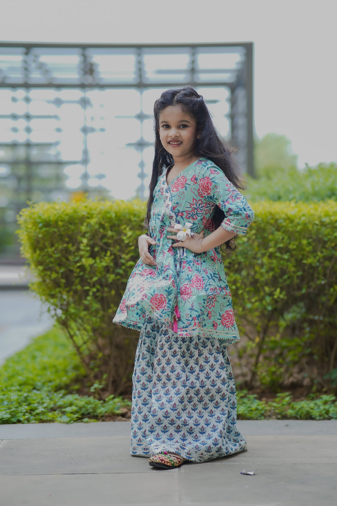 Sea Green Floral Angrakha Set