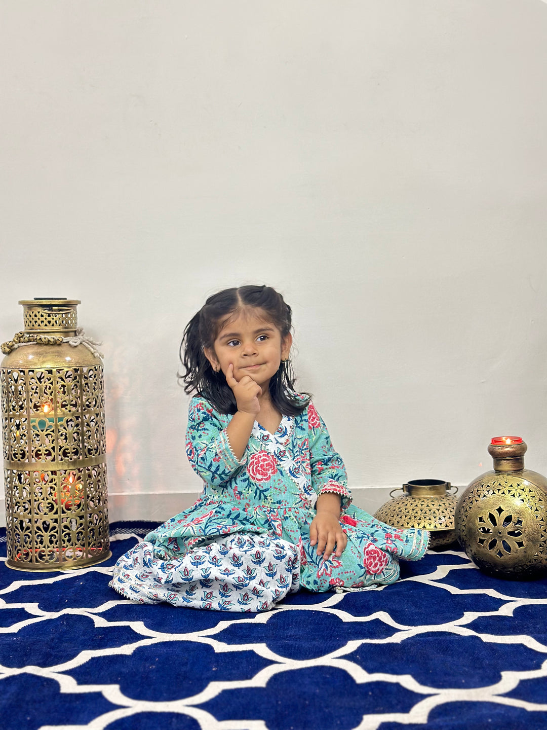 Sea Green Floral Angrakha Set